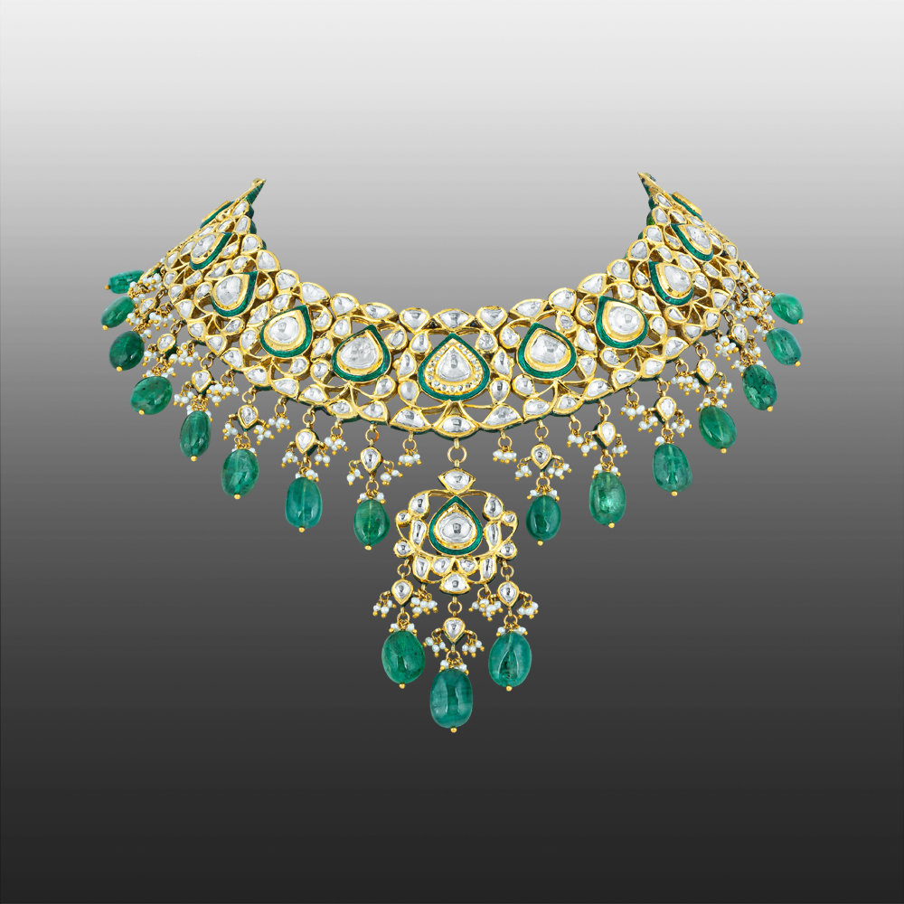 Polki Necklace with Green Enamel and Emerald Maniyas Beads